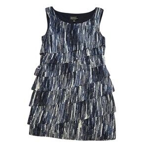 Connected Petite Blue White Abstract Print Tiered Ruffle Dress Size 12P